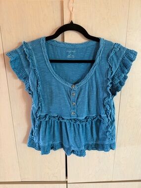 Anthropologie Pilcro Teal Blue Ruffle Henley Crop Top